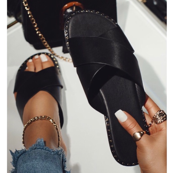 Black X Band Studded Slide Flat Sandals - Picture 3 of 9